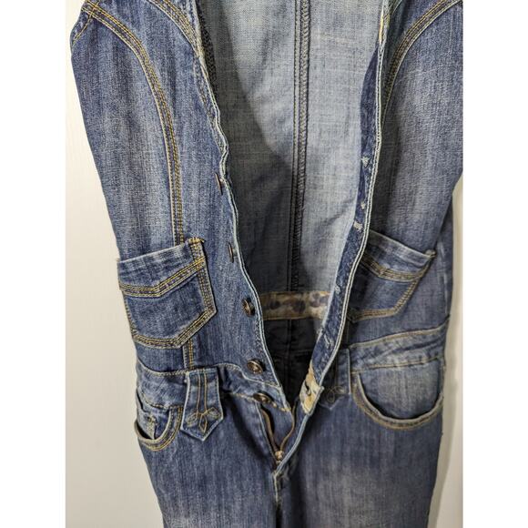 Vintage 90s Y2K Imperial Star Denim Jumpsuit Flare Leg Button Front Low Rise M - Picture 9 of 10